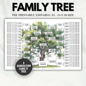 Family Tree Template 8 Generation Editable, Family Tree Chart, Printable for Family Reunion Gifts, Pedigree Chart, Genealogy Chart, family