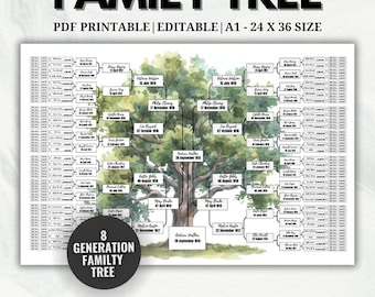Family Tree Template 8 Generation Editable, Family Tree Chart, Printable for Family Reunion Gifts, Pedigree Chart, Genealogy Chart, family
