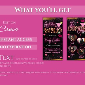 May include: Pink digital invitation with the text "Galentine Gone Wild" and "The Cups Crew". The invitation includes a cocktail graphic, heart shapes, and the host's name, date, and time. The invitation is editable on Canva.