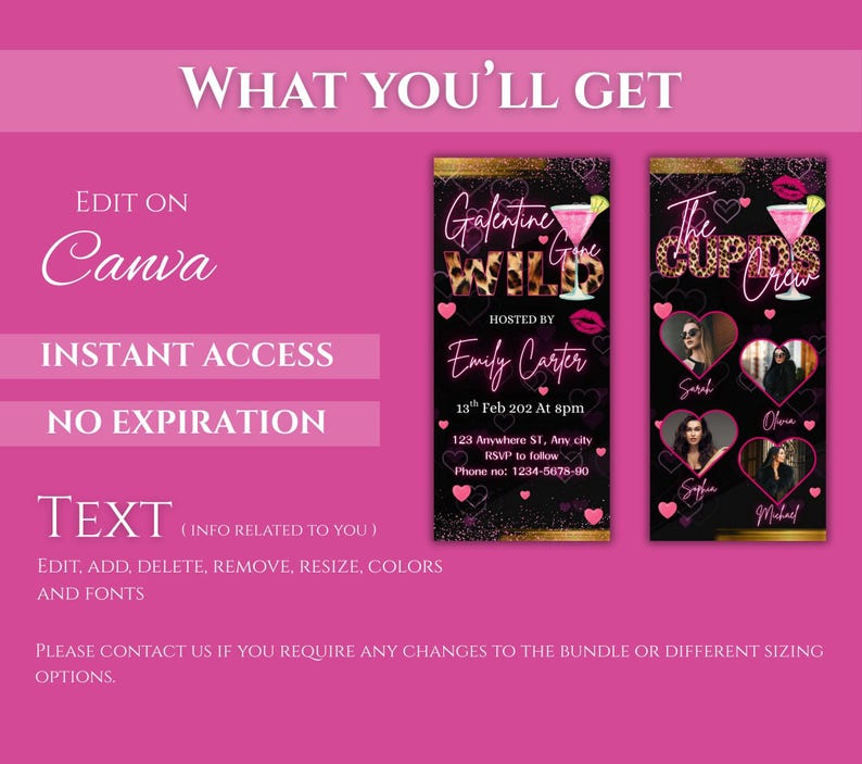 May include: Pink digital invitation with the text "Galentine Gone Wild" and "The Cups Crew". The invitation includes a cocktail graphic, heart shapes, and the host's name, date, and time. The invitation is editable on Canva.