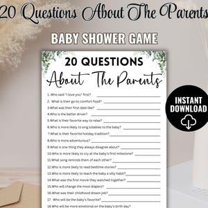 Jeu de 20 questions sur les parents à imprimer, jeu de 20 questions, jeux de questions minimalistes pour baby shower, non sexiste, baby shower
