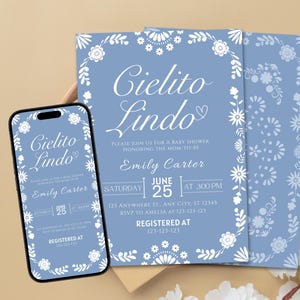 Convite Editável para Chá de Bebê Cielito Lindo, Conjunto de Convites Cielito Lindo, Convite Papel Picado, Convite Mexicano para Chá de Bebê, Talavera Azul