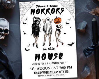 May include: A Halloween party invitation with the text "There's some HORRORS in this HOUSE." The invitation features illustrations of a Grim Reaper, a ghost, and a woman with a pumpkin head. The date and time are also included.