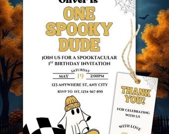 May include: A Halloween-themed birthday invitation with a ghost on a skateboard, the text "One Spooky Dude," and a matching thank you tag. The invitation includes event details and a black and white checkered pattern.