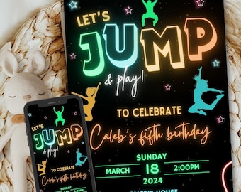 Invitación de cumpleaños para saltar, invitación para saltar, fiesta en trampolín, castillo inflable, fiesta Let's Jump, parque de trampolines, salto tie-dye, Canva editable