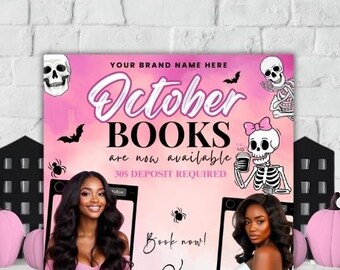 May include: A pink and white Halloween-themed advertisement for October books. The design includes bats, spiders, and skeleton illustrations. Two women are featured in the advertisement. The text reads "October Books are now available. Book now!"