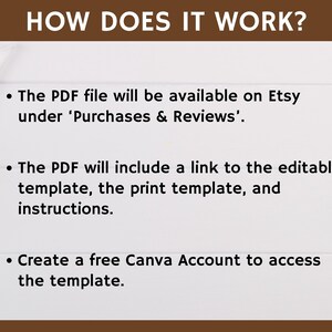 May include: A white background with black text explaining how to access a downloadable PDF file containing a link to an editable template. The text reads: "HOW DOES IT WORK? &bull; The PDF file will be available on Etsy under 'Purchases & Reviews'. &bull; The PDF will include a link to the editable template, the print template, and instructions. &bull; Create a free Canva Account to access the template."