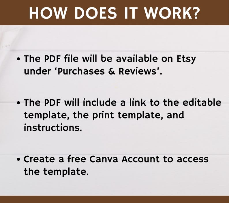 May include: A white background with black text explaining how to access a downloadable PDF file containing a link to an editable template. The text reads: "HOW DOES IT WORK? &bull; The PDF file will be available on Etsy under 'Purchases & Reviews'. &bull; The PDF will include a link to the editable template, the print template, and instructions. &bull; Create a free Canva Account to access the template."