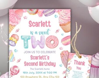 Editable Two Sweet Birthday Invitation, Two Sweet Invitation, Two Year Dessert Invite, 2nd Birthday Invitation, Candy Sweets Donut Invite