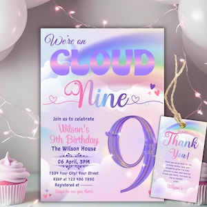 Editable Cloud 9 Birthday Invitation, Cloud Nine Birthday Invitation, Digital Rainbow Cloud 9 Invitation Watercolor Cloud 9 Party Invitation