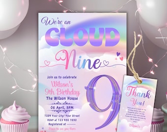 May include: A birthday invitation with the text "We're on Cloud Nine" in a rainbow gradient. The invitation includes details for Wilson's 9th birthday, with a matching thank you tag. A cupcake and balloons are in the background.