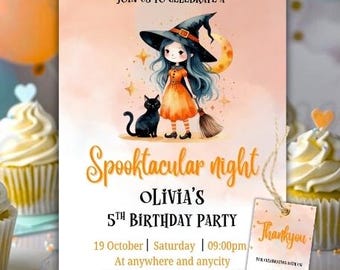 不気味な夜のハロウィンパーティー招待状、ハロウィン魔女の誕生日招待状、ハロウィンパーティー招待状、女の子の誕生日招待状