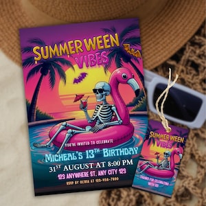 Editable Summerween Birthday Invitation, Editable Summer Halloween Pool Party Invite, Ghost Pool Party Invite, Spooky Summer Celebration