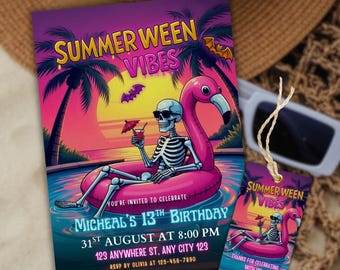 Bewerkbare Summerween-verjaardagsuitnodiging, bewerkbare zomer Halloween Pool Party uitnodiging, Ghost Pool Party uitnodiging, Spooky Summer Celebration