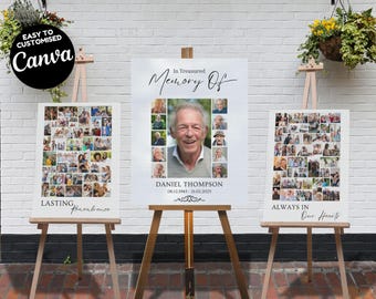 Edytowalne szablony kolażu zdjęć pogrzebowych, szablon powitalnego znaku pogrzebowego, świętowanie życia w kochającej pamięci, rozmiar plakatu pamiątkowego