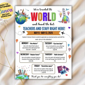 Puede incluir: Un folleto colorido que anuncia una celebración para los profesores y el personal de la escuela Explorer's Horizon. El folleto presenta un globo terráqueo con puntos de referencia de todo el mundo y el texto "We've traveled the WORLD and found the best TEACHERS AND STAFF RIGHT HERE!" El folleto enumera eventos para cada día de la semana, incluyendo "Viva México!" el lunes, "Ciao from Italy!" el martes, "Bonjour France!" el miércoles, "Hallo Germany!" el jueves, y "Konnichiwa Japan!" el viernes. El folleto concluye con el texto "Thank you for everything you do!"