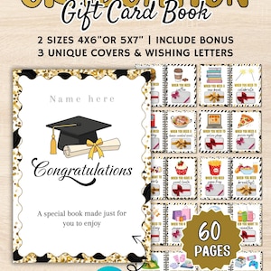 May include: A graduation gift card book with a black graduation cap and scroll illustration. The book includes 60 pages, 2 sizes, and 3 unique covers. Text includes "Congratulations" and "Edit in Canva".