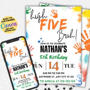High Five 5. Geburtstagseinladung bearbeitbar, Hi Five-Einladungsvorlage, Jungen zum 5. Geburtstag druckbar, High Five-Party, bunte Geburtstagseinladung