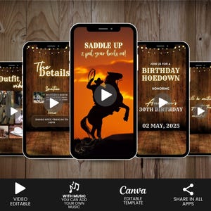 Puede incluir: Una serie de pantallas de teléfonos inteligentes con temática del oeste. La pantalla central muestra un vaquero a caballo contra un atardecer naranja. El texto incluye "Saddle Up" y "Birthday Hoedown". El banner inferior dice "Video Editable".