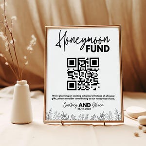 Cartello con codice QR per fondo luna di miele, cartello con fondo luna di miele per matrimonio, codice QR Venmo, cartello moderno per matrimonio, cartello moderno per matrimonio