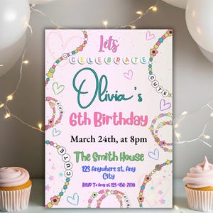 Editable Friendship Bracelet Invitation Template , Girl Birthday Bead Bracelet Making Invite, Jewelry Party Pink Printable Invitation