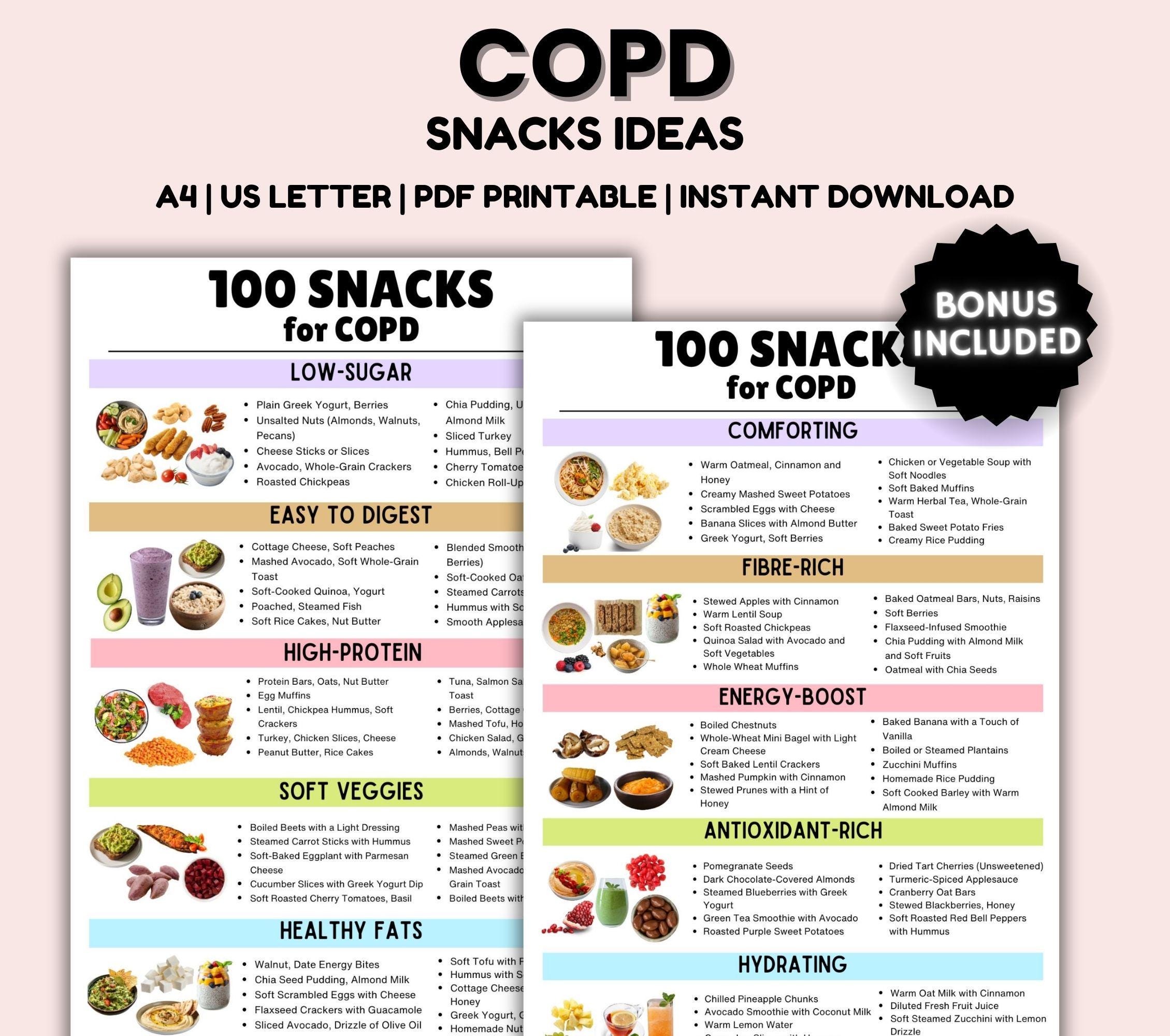 COPD-Diät-Lebensmittelliste, COPD-Diätplan, 100 Snacks-Ideen, COPD-Mahlzeiten-Ideen, natürliche, gesunde Nahrungsmittelliste und Diät-Chart-Poster, Einkaufsliste