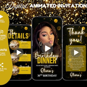 Digital Birthday Dinner Video Invitation Template, Instagram Story Invite, Animated Premade Gold Party Celebration Event Digital invite