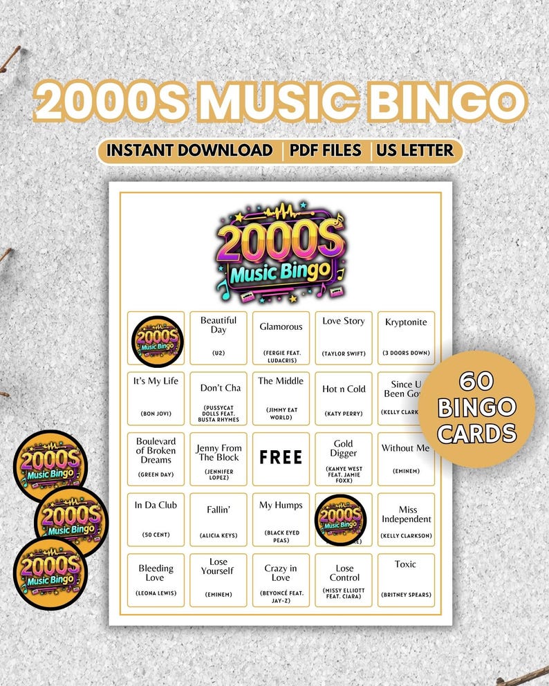 May include: A printable 2000s Music Bingo game with a colourful logo. The game includes 60 bingo cards and features popular songs from the 2000s. The design includes the text "Instant Download" and "PDF Files".