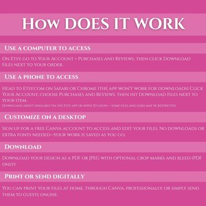 May include: A pink infographic titled "How Does It Work" with white text. Instructions include accessing files on a computer or phone, customizing on a desktop, downloading as PDF or JPEG, and printing or sending digitally.