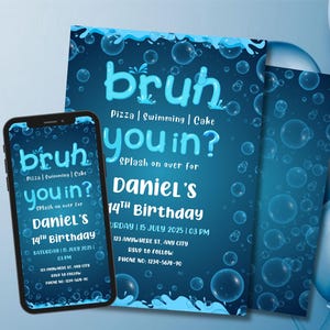 Bruh Birthday Pool Party Invitation, Bruh It&#39;s My Birthday Invite, Boy Pool Birthday Party Invitation, Teenager Birthday, Bruh Neon Birthday