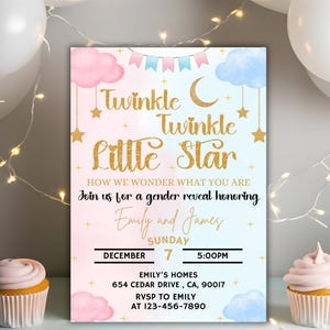 Twinkle Twinkle Little Star Gender Reveal Invitation, Gold Moon and Stars Gender Reveal Party Template, He Or She, Baby Boy Or Girl Party