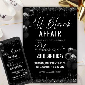 Editable All Black Affair Invitation Template, All Black Party Invitation, Digital Black Birthday Invite, Text Invitation, Formal Invitation
