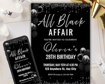 Editable All Black Affair Invitation Template, All Black Party Invitation, Digital Black Birthday Invite, Text Invitation, Formal Invitation