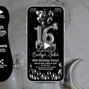 Personalized Sweet 16 Sixteen Birthday Invitation, Animated 16th Party Invite, Black Balloon Diamonds Evite, Editable Itinerary Invite