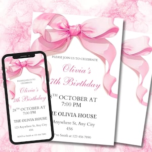 Editable Pink Bow Birthday Invitation Template, Pink Ribbon Invite, Girls Birthday Invite, Pink Coquette Bow Invites, Cute Coquette Birthday