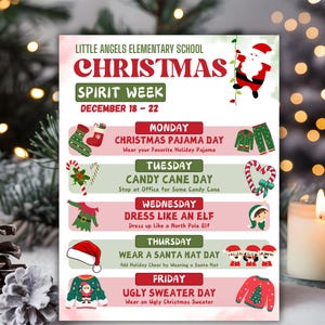Holiday School Spirit Week Flyer Editable, winter spirit week, December Itinerary, Xmas PTA, Spirit week planner, Christmas Newsletter flyer