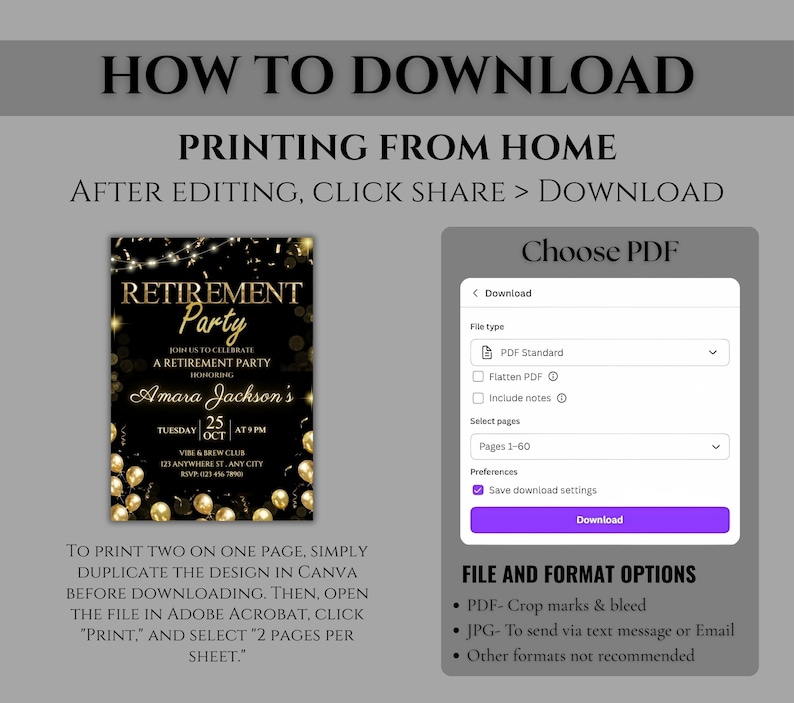Retirement Party Invitation Template, Editable Retirement Dinner Elegant Black White Gold Sparkle Glitter, Retirement Party It's a Surprise image 7