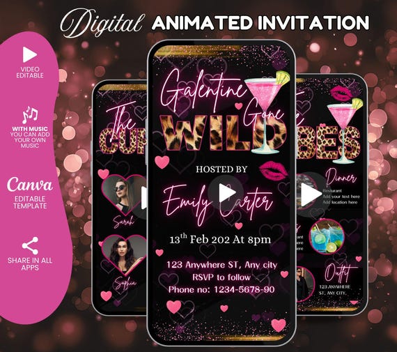 Digital Cheetah Galentines Day Party Invitation, Pink Galentines Gone Wild Girls Night Invite,Valentine's cocktails Girls night invitation