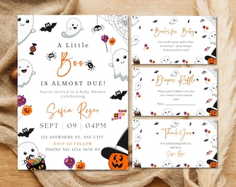May include: Halloween-themed baby shower invitations and inserts. The invitation features a ghost, bat, spider, and pumpkin design with the text "A Little Boo Is Almost Due!" Inserts include "Books for Baby," "Diaper Raffle," and "Thank You" cards.