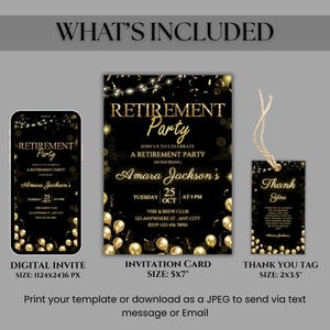 Retirement Party Invitation Template, Editable Retirement Dinner Elegant Black White Gold Sparkle Glitter, Retirement Party It's a Surprise image 3