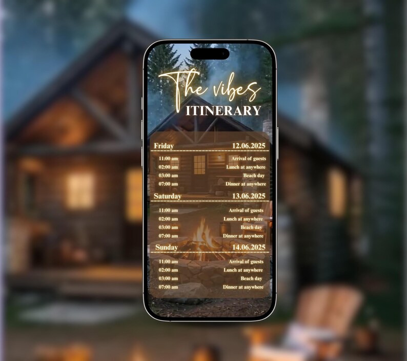 Peut inclure: Un smartphone affiche un itin&eacute;raire num&eacute;rique intitul&eacute; "The Vibes". Le programme comprend les horaires et les activit&eacute;s des vendredi, samedi et dimanche, avec les dates de juin 2025. L'arri&egrave;re-plan montre un chalet et un feu de camp, sugg&eacute;rant un th&egrave;me de vacances.