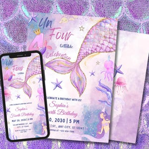 Mermaid Under the Sea Birthday Invite, Mermaid Tail 4th Birthday Invitation, Mermaid Invites, Whimsical Mermaid Birthday Party Invitation