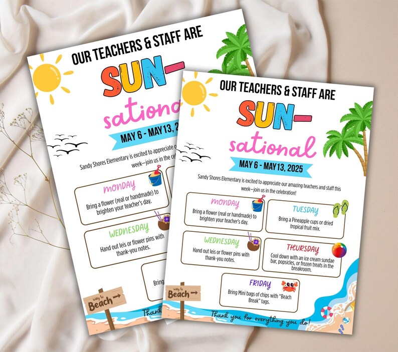 Editable Beach Theme Teacher & Staff Appreciation Sunsational Itinerary ...