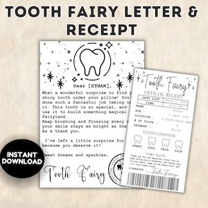 Lettre modifiable de fée des dents avec reçu de fée des dents, accessoire de coussin fée des dents, imprimable fée des dents, certificat de première dent, enfants