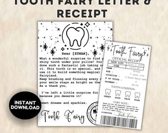 Editable Tooth Fairy Letter with Tooth Fairy Receipt, Tooth Fairy Pillow accessory, Tooth Fairy Printable, First Tooth Certificate, Kids