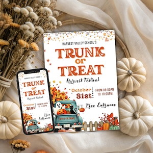 May include: A poster and phone screen advertising a Harvest Festival Trunk or Treat event. The poster and phone display feature orange text on a white background, with a teal truck graphic, pumpkins, and the date October 31st.