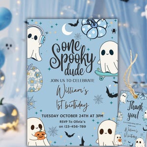 Halloween One Spooky Dude Geburtstagseinladung, bearbeitbarer Halloween Boy 1st Birthday Invite, erster Geburtstag, Spooky One Skateboard-Geist