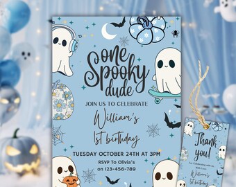 May include: A light blue Halloween-themed invitation and thank you tag set. The invitation reads "One Spooky Dude" and includes details for William's 1st birthday. The design features ghost illustrations, pumpkins, bats, and spiderwebs.