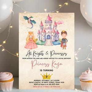 Faire-part d'anniversaire modifiable chevaliers et princesses, carte d'invitation il était une fois, anniversaire royal des chevaliers, invitation château bleu, princesse