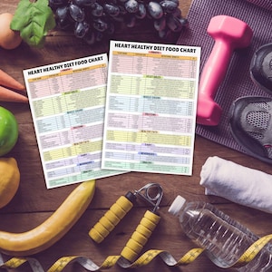 May include: Two heart-healthy diet food charts with a colorful grid layout. The charts list food items and their nutritional benefits. The charts are on a wooden table with a banana, a lemon, a green apple, a carrot, a water bottle, a pair of hand grippers, a measuring tape, a pink dumbbell, and a pair of running shoes.